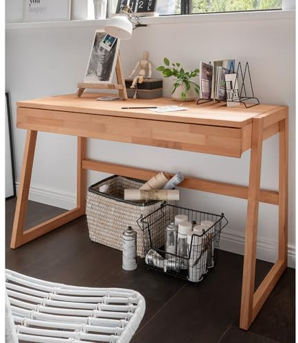 Lomadox Schreibtisch Arbeitstisch Bürotisch Buche Massivholz 1 Auszug mit Unterteilung Softclose 126x77x55 cm
