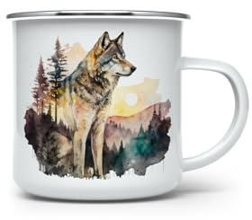 MAXIKIWI - Taza de camping de café o té esmaltada duradera para uso en interiores y exteriores - Acuarela de arte de pared de lobo - 350 ml