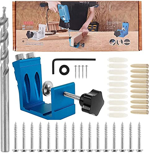 Kocusu Pocket Hole Jig Set,Undercover Jig Locator Werkzeuge,Einstellbar Taschenloch Bohrschablone mit Schrägloch Bohrschablone,Taschenlochvorrichtung mit 20 Schrauben und 10 Holzstopfen (Blau)