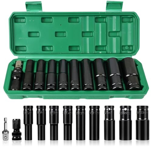 11 Pcs Douille a Choc 1/2,Douille Cle a Choc et 2 Adaptateurs de Douille avec boîte de rangement en plastique,10-24mm Coffret Douille Longue pour Réparation de Voiture
