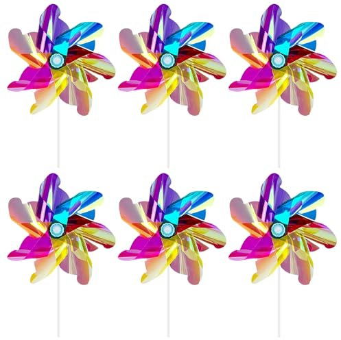 6 Pcs Rainbow Pinwheels, Colorful Reflective Bird Scarer Windmill, Lawn Garden DIY Windmill, Sparkly Wind Spinners for Outdoor Yard Garden Lawn Boys Girls Party Pinwheels Party Favor