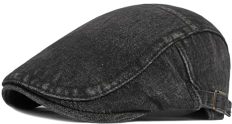 SOYNIA Barett Baskenmützen Für Herren Beret Hut Damen Flach Mit Degen Warme Denim Baumwolle Fischgräten-Enten Schnabel Hut Visor Künstlerische Baskenmütze 55 To60Cmverstellbar Schwarz
