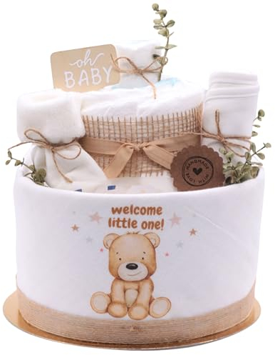 Trend Mama® | Musselin Windeltorte | 27 Windeln (Gr.2), Musselintuch, Baby Lätzchen, Babysocken | Baby Party Geschenk (Welcome Little one | Bär)