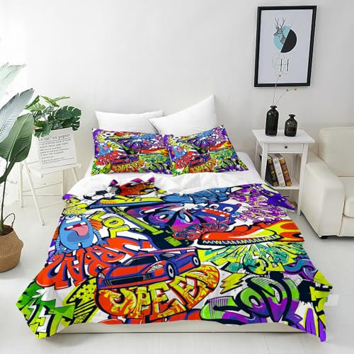 ANHOPE Graffiti Monster Fußball Auto Bettwäsche Set Microfaser Bettbezüge mit Reißverschluss 3 Teilig Bettbezug 155x220 cm + 2 Kissenbezug 80x80 cm Weich Bettdeckenbezug Set für Kinder Jungen Mädchen