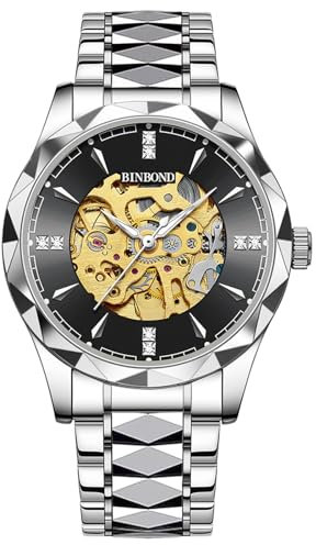 JewelryWe Herrenuhr Automatik Uhr Herren: 30m Wasserdicht Automatisch Mechanisch Armbanduhr Männer Leuchtend Skelett Militär Automatikuhr mit Silber Edelstahl Armband und Schwarz rundem Zifferblatt
