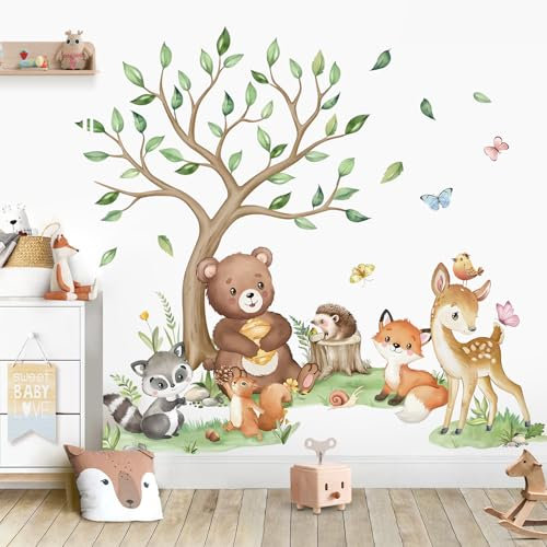 wondever Stickers Muraux Animaux Forêt Arbre Autocollants Muraux Mural Stickers Ours Cerf Renard pour Chambre Enfants Bébé Pépinière