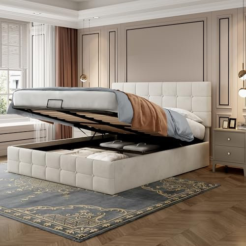 Upholstered Ottoman Bed Hydraulic Storage Bed, 4ft6 Double Bed Frame with Storage&Adjustable Headboard&Wooden Slats, Velvet Gas Lift Ottoman Bed for Adults Teenagers, No Mattress, 135x190 cm, Beige