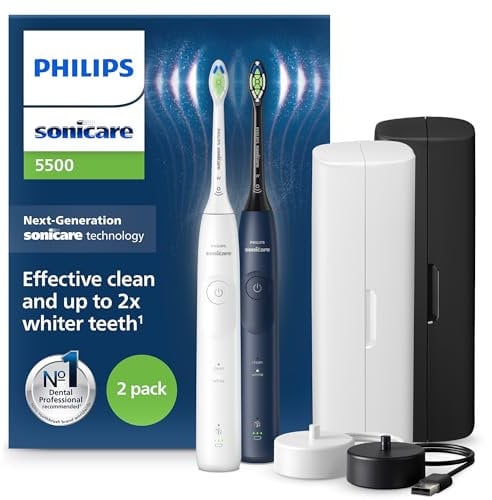 Philips Sonicare 5500 elektrische Zahnbürste, Sonic Zahnbürste mit 2 Putzmodi, Andruckkontrolle, EasyStart, SmarTimer und BrushPacer, Weiß und Navy, 2er-Pack, Modell HX7119/01 [Neue Technologie]