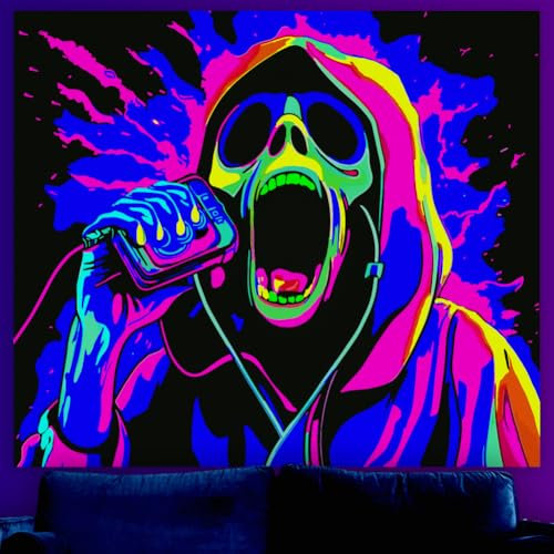 WEBEEDY Horrorgesicht Leuchten Im Dunklen Tapestry UV Reaktive Schädel Ästhetik Wandteppiche Halloween Leuchtende Kunst Poster Party Hintergrund Tapestry Für Wohnzimmer Urlaub Dekor 150x130cm