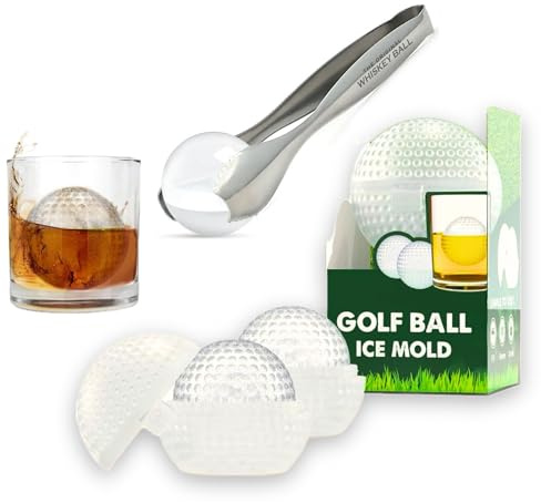Golf Ball Ice Mold & Stainless Steel Ice Tongs Set – 2 Pcs 2.5” Silicone Ice Ball Maker + 7” Jumbo Ice Tongs for Perfect Cocktails, Bourbon & More – Ideal Golf Gifts for Men