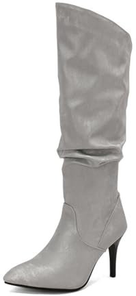 HQINGAXU Donna Stivali da Punta Arricciati E Pieghettati metà Polpaccio Tacco Medio Stivali Elasticizzati Scarpe Invernali Casual Quotidiane Alti Western da Cowboy Tacco Alto,Grigio,39 EU