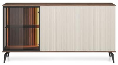 BETTSO - Kommode - Sideboard Wohnzimmer, Vitrine Glas - 154x39x80cm - Stilvoller Wohnzimmer Schrank mit Licht - Elegante Rillen, hohe Beine - Push to Open System - Holzoptik und Beige