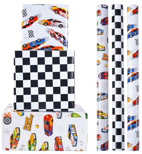 ZINTBIAL Geschenkpapierrollen für Rennwagen – Geburtstags-Geschenkpapier für Kinder und Jungen, Autodrom-Set, perfekt für Party, Feiern, Baby-Jungen, Geschenkverpackung, 3 Rollen – 43,2 x 308,5 cm pro