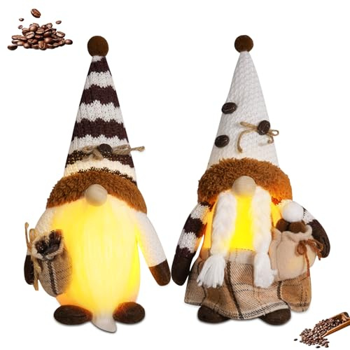 Kaffee Wichtel mit Licht Figuren Frühling Kaffeebar Deko,Beleuchtete Wichtel Figur Plüschzwerge als Küchen Deko Wichtel Frühling für Bauernhaus Kaffee Wichtel Frühlingsdeko (2 Stücke)