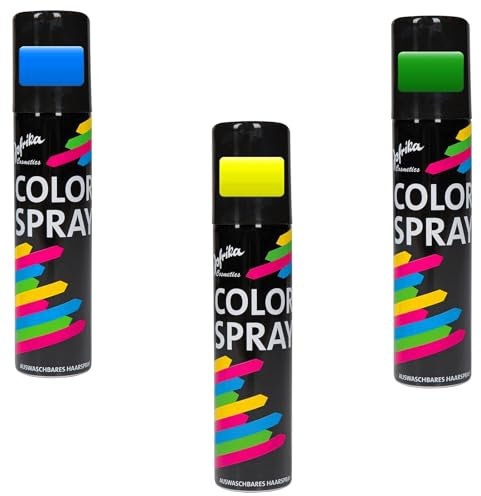 3x 100ml Jofrika Haarspray Colorspray bunt Fasching Karneval auswaschbar Haarfarbe Blau Grün Gelb