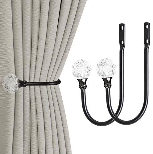 2 Stück robuste U-förmige Metall-Vorhanghalter mit transparenten Kristallkugel-Raffhaltern für Vorhänge (2, schwarz)