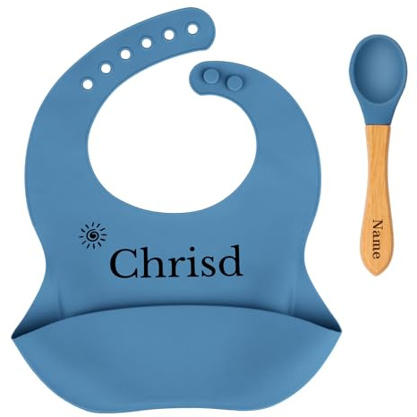 Personalisierter Baby Geschirr - Personalisierter Lätzchen Baby Babylöffel - Silikon Lätzchen Baby mit Name -Kindergeschirr mit Namen - Spülmaschinen - Personalisierte Geschenke baby (Dunkelblau)