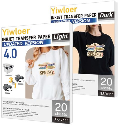 Iron on Heat Transfer Paper for T Shirts (8.5x11'',40pcs) Iron-on Transfers Paper for Light Dark Fabric Printable Heat Transfer Vinyl for Inkjet Printer (Light Dark Fabric, 8.5 x 11 x 40pcs)