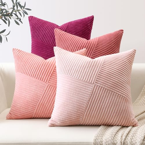 Sungeek Lot de 4 housses de coussin décoratives carrées en velours côtelé de style bohème et rustique avec fermeture éclair invisible - 40 x 40 cm, rose