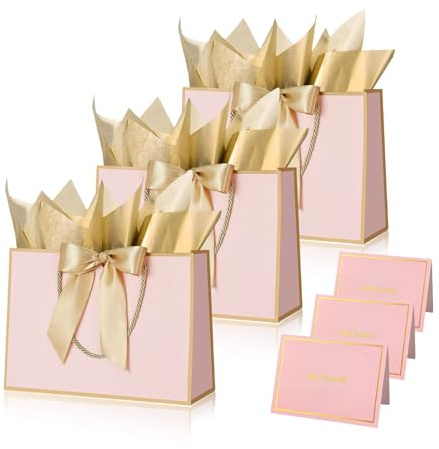 Pink Gold Gift Bags for Presents,3P Medium Present Bags with 6 Metallic Gold Tissue /3 Card,Personalised Birthday Gift Paper Bag with Ribbon,28*20*10 Wrapping Bag for Christmas Wedding Gift Party Bag