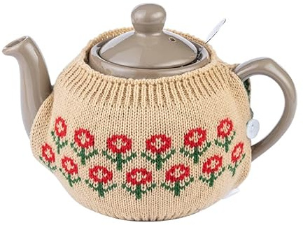 Tea Cosy for 2‑Cup Teapot 400‑600ml, Acrylic Knitted Teapot Warmer Cover, British Style Teapot Insulated Decorative Cozy with Lid Topper & Button Fastening for Heat Cold Retention，Toffee Flower