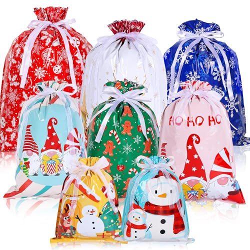Norvens Christmas Drawstring Bags, 30Pcs Xmas Wrapping Bags with Ribbon, 8 Designs 4 Sizes for Present Packaging, Large Medium Small Christmas Bags for Party Birthday Gifts