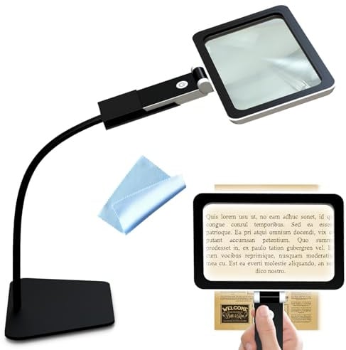 2-in-1 Lupe mit Licht und Ständer, 5X Leselupe mit Licht für Senioren Groß, 24 LED Einstellbare Helligkeit Abnehmbare Große Seite Lupenbrille für das Lesen, Nähen, Handarbeiten