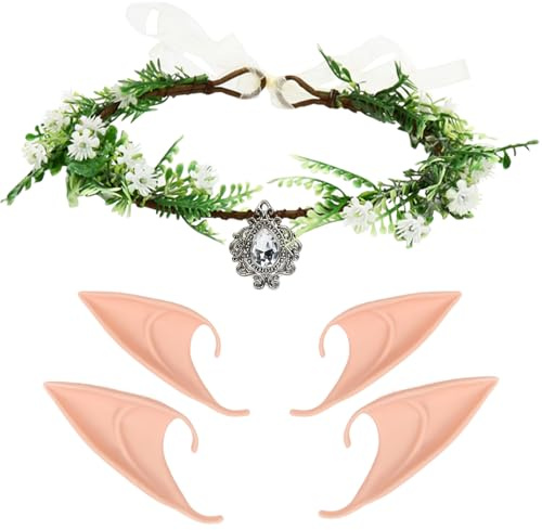 TaleMoon Kopfschmuck,Stirnband mit 2 Paar Elfenohren,V-Form Haarschmuck mit Kristalle für Hochzeit Karneval Halloween Cosplay