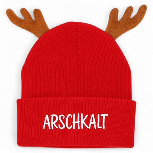 MIJOMA Weihnachtsmütze mit Rentier-Geweih – | Lustige XMAS Wintermütze aus Strick mit Spruch – Warm & weich – Geschenkidee für Weihnachten & Glühweinparty