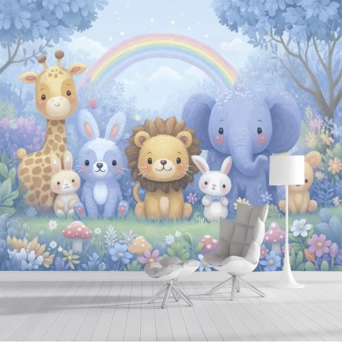 Giraffe Elefant Löwe Fototapete Wandbild - Niedliche Cartoon-Waldtiere - 200x140cm Seide Wandtapete Fotoplakat Für Jungen Mädchen Schlafzimmer, Blau