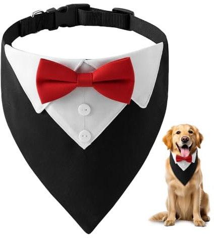 HMCEY Hund Smoking Bandana Halsband 36-60 cm,Halstücher Hundehalstuch mit Krawatte und Fliege,Hundehalsband Mit Tuch Verstellbar,KostüMe Hundetuch Hals für Hochzeit, Geburtstag, Party - Rot