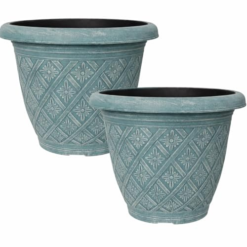 Fyne-Finds Set of 2 Round 33cm 13inch Garden Plant Pot Woven Flower Outdoor Decor Planter Frost Proof, Weatherproof, Drainage Hole (Teal)