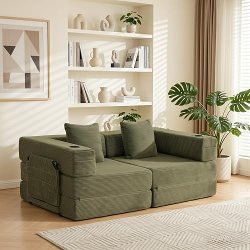 WELAX 185 cm Schlafsofa, rahmenloses Futon-Sofa (Queen-Size) mit Getränkehaltern und Stautaschen, klappbares Cord-Sofa für Schlafzimmer und Wohnung, kein Aufbau erforderlich, olivgrün