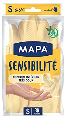 MAPA - Sensibilité - Gants de Ménage en Latex Intérieur Coton et Soie - Grand Confort d'utilisation et Extra Doux - Taille S - Lot de 3 paires