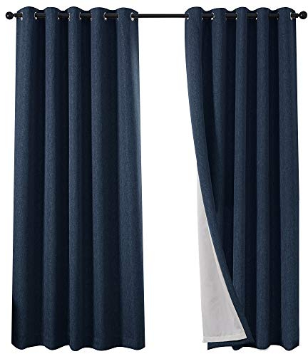 QINUO HOME 90 Drop Faux Linen Blue Blackout Curtains - Fully Lined Energy Saving Grommet Panels Blackout Window Drapes for Sliding Glass Door Curtains, Dounle Pieces, 46×90 inch, Navy