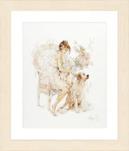 Lanarte Counted Cross Stitch Kit: Girl in Chair with Dog (Linen), Cotton, NA, 39 x 49cm