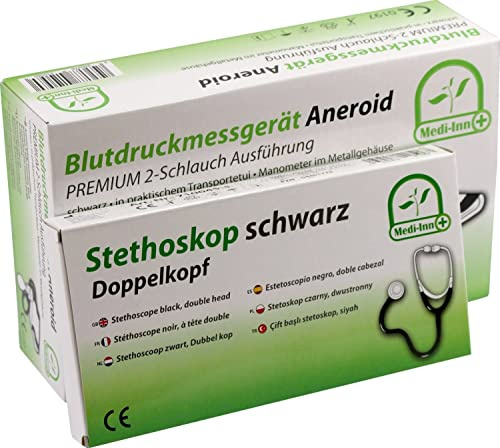 Medi-Inn Set Blutdruckmessgerät Aneroid Premium 2-Schlauch-System + Stethoskop Doppelkopf