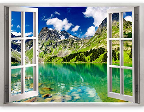 murando 3D WANDILLUSION Wandbild Landschaft See Fototapete Poster XXL Fensterblick Vlies Leinwand Panorama Bilder Dekoration Natur Berge Bäume Himmel 140x100 cm c-B-0206-c-a