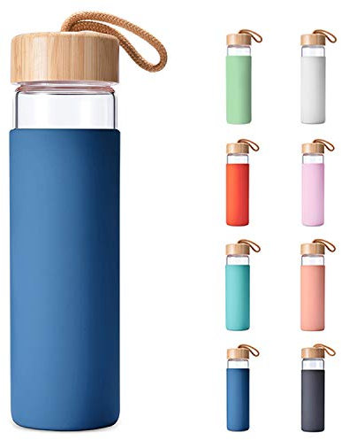 Yomious 20 Oz Borosilicate Glass Water Bottle with Bamboo Lid and Silicone Sleeve – Reusable BPA Free Drinking Bottle with Lids - Cute Bottle for Women - Glass Shaker Bottle (Navy Blue)