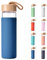 Yomious 20 Oz Borosilicate Glass Water Bottle with Bamboo Lid and Silicone Sleeve – Reusable BPA Free Drinking Bottle with Lids - Cute Bottle for Women - Glass Shaker Bottle (Navy Blue)