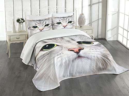 ABAKUHAUS Katze Tagesdecke Set, Digital-Nette Reizende Katze, Set mit Kissenbezug Romantischer Stil, für Einzelbetten 170 x 220 cm, Graue Elfenbein