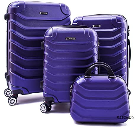 R.Leone Valigia da 1 pezzo Fino a Set 4 Trolley Rigido grande, medio, bagaglio a mano e beauty case 4 ruote in ABS 2026 (Viola, Set 4 XS S M L)
