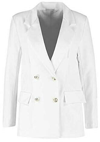 METLUQ M0D4 Ladies Women Collared Gold Button Double Breasted Duster Coat Jacket Blazer Plus Size (Cream, UK 20-22 XXL)
