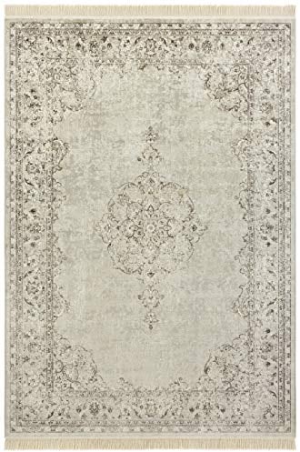 Nouristan Orientalischer Teppich – Wohnzimmerteppich mit Fransen Oriental Vintage Medaillon Naveh Samt-Teppich für Wohnzimmer, Schlafzimmer, Esszimmer, Küche, Flur – Creme, 135x195cm