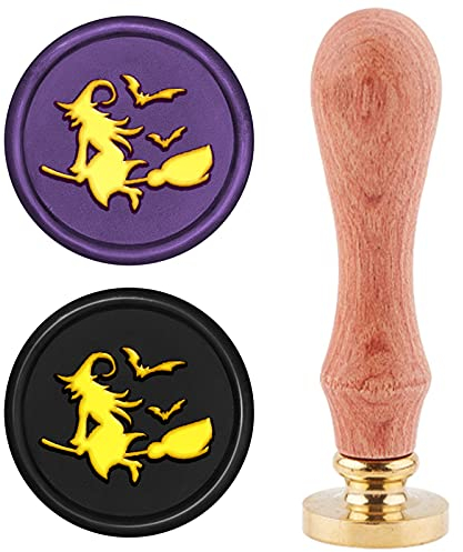 CRASPIRE Wachs-Siegel-Stempel Halloween Hexe Auf Besen, Siegellack Stempel Fledermaus Retro Holzstempel Wachssiegel 25 mm Abnehmbar Messingkopf Holzgriff Für Party Einladung Umschlag Grußkarte