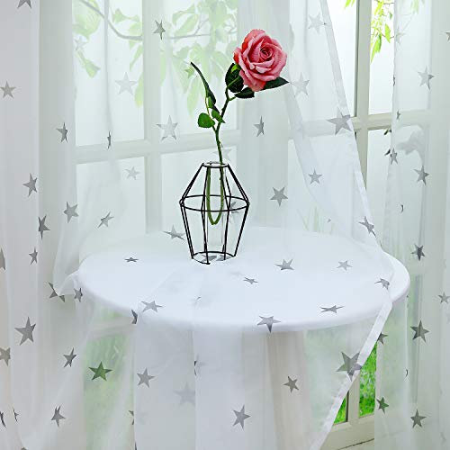 Delien Voile Sheer Vorhänge mit Sterne Druck transparent Gardine mit Kräuselband Fensterschal für Wohnzimmer Schlafzimmer (2 Stück, je HxB 225x140cm), grau