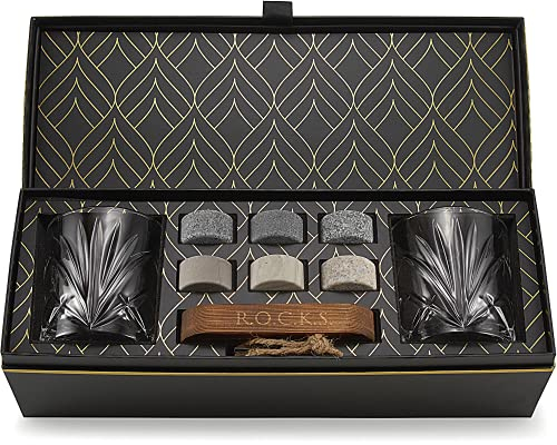Whiskey Steine Set - 6 Handgefertigte Runde Granit Whisky Steine - 2 Whisky Gläser - Präsentations- und Aufbewahrungsbrett aus Hartholz - Whisky Geschenkset Box mit Goldfolie von Rocks