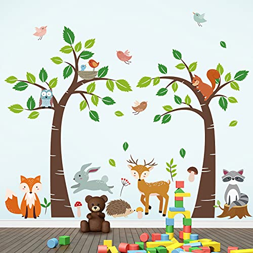 decalmile Wandtattoo Waldtiere Bäume Wandaufkleber Hirsch Fuchs Eule Wandsticker Babyzimmer Kinderzimmer Schlafzimmer Wanddeko