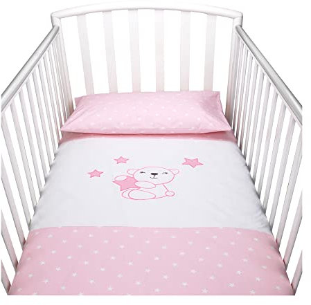 baby idea Babysanity Piumino Lettino Neonato Ricamato Completo Federa e Copripiumino e Lenzuolino con Angoli Sfoderabile Senza Paracolpi Lettino - Made in Italy- (Little Star Rosa)