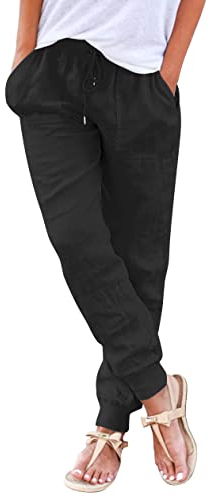 Hose Damen Sommer Casual Baumwolle Leinen Stoffhose Einfarbig Freizeithose Stretch Leicht Leinenhose Straight Leg Hose und Taschen (Z Schwarz, S)